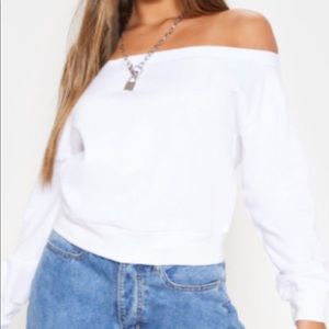 Off the shoulder white sweater !